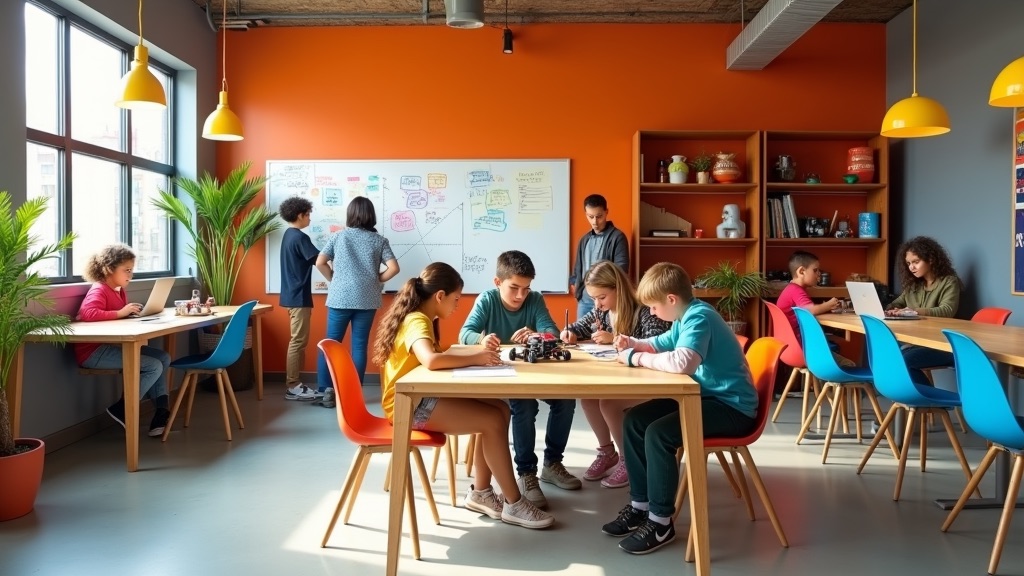 Concept rendering of a bright, colorful Thrive learning studio with students working at tables